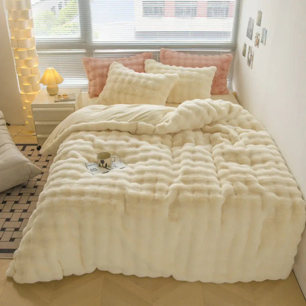 フリース 四点セット 厚手 フリース 布団カバー シーツ 冬用 ベビーフリース 保温 ジッパー 毛布 ID3042 アイボリー / 0.9m（掛けカバー150*200+フラットシーツ180*230+枕カバー1個）