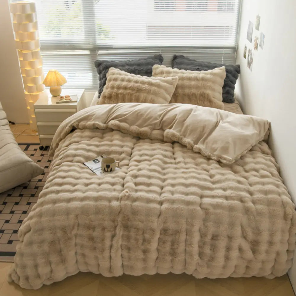 フリース 四点セット 厚手 フリース 布団カバー シーツ 冬用 ベビーフリース 保温 ジッパー 毛布 ID3042 ベージュ / 0.9m（掛けカバー150*200+フラットシーツ180*230+枕カバー1個）