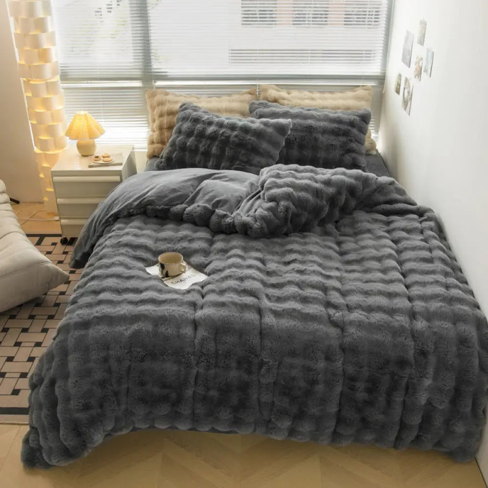 フリース 四点セット 厚手 フリース 布団カバー シーツ 冬用 ベビーフリース 保温 ジッパー 毛布 ID3042 ダークグレー / 0.9m（掛けカバー150*200+フラットシーツ180*230+枕カバー1個）