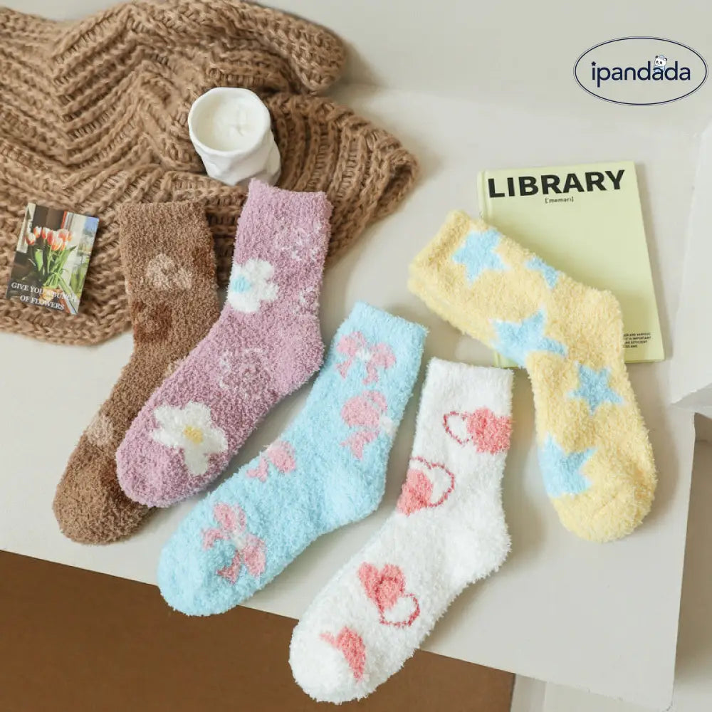 フリース ソックス レディース 秋冬 加厚 ミディアムソックス コーラルフリース 保温 スリープ フロアソックス ID2991 5足セット / フリー