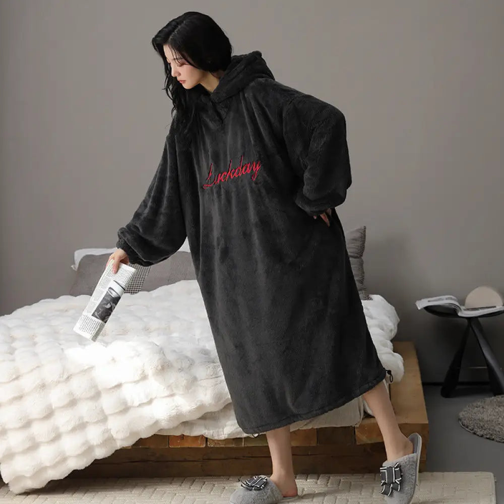 フリースパジャマ 秋冬用 裏起毛 フード付きパジャマ フランネル ガウン ルームウェア かわいい 可愛い 暖かい あったか 長袖 部屋着 クリスマスプレゼント ID3578 ブラック / M レディース＞ワンピース