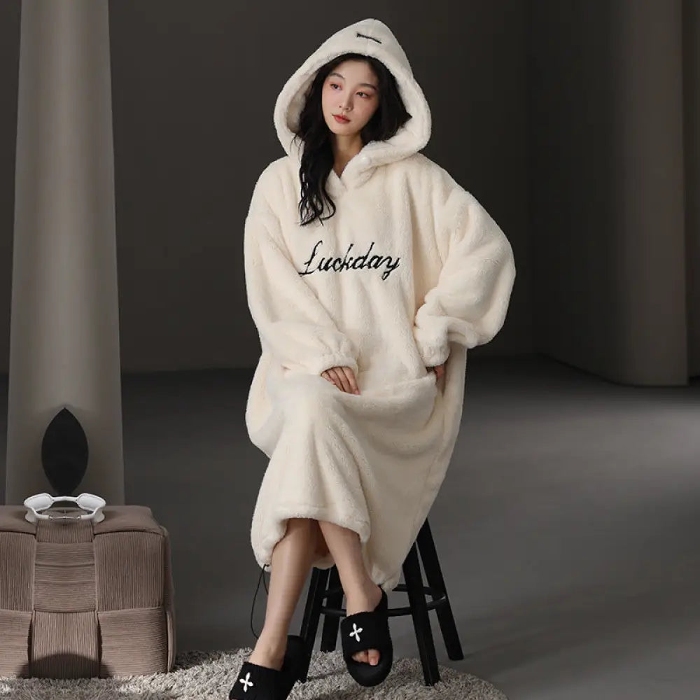 フリースパジャマ 秋冬用 裏起毛 フード付きパジャマ フランネル ガウン ルームウェア かわいい 可愛い 暖かい あったか 長袖 部屋着 クリスマスプレゼント ID3578 アイボリー / M レディース＞ワンピース