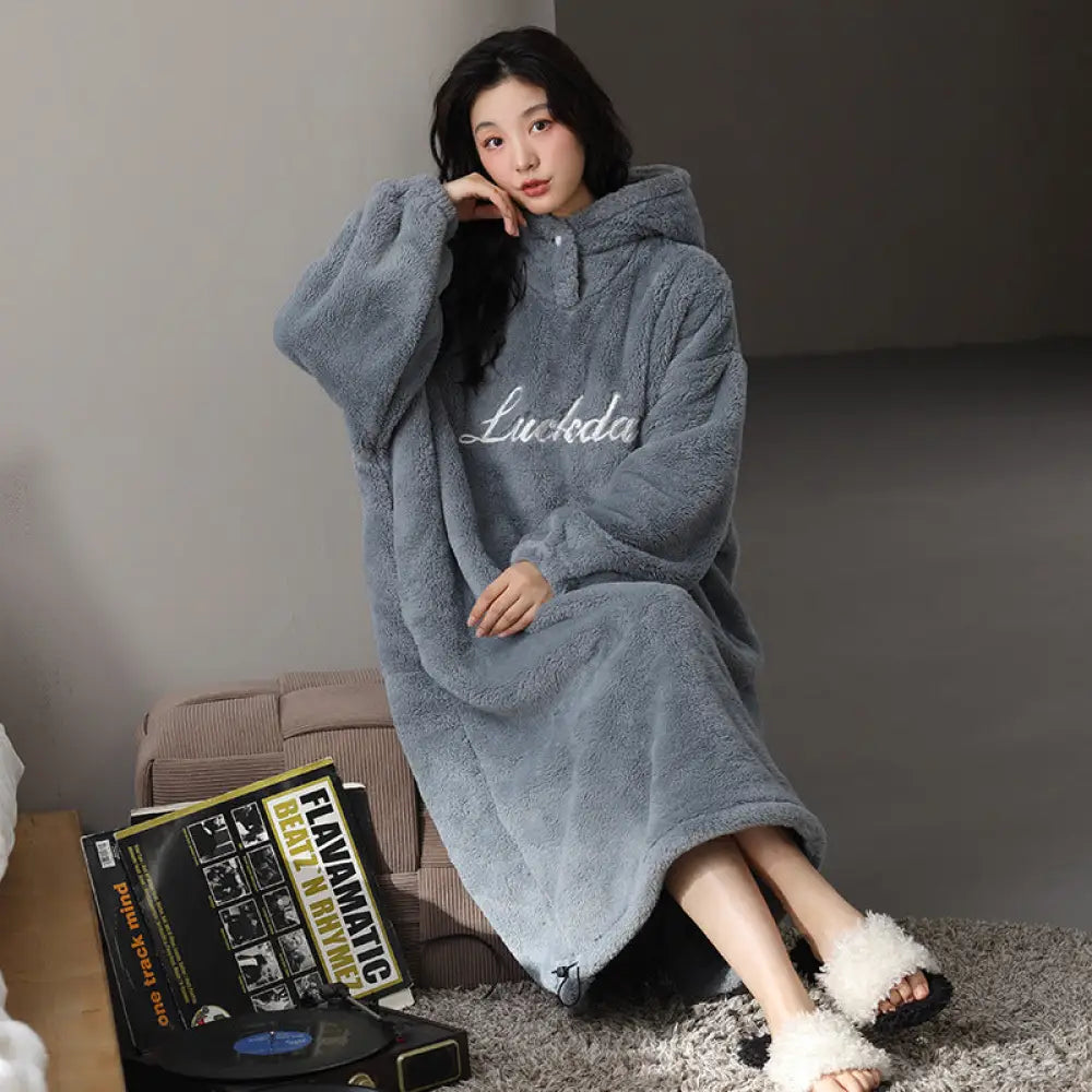 フリースパジャマ 秋冬用 裏起毛 フード付きパジャマ フランネル ガウン ルームウェア かわいい 可愛い 暖かい あったか 長袖 部屋着 クリスマスプレゼント ID3578 ブルー / M レディース＞ワンピース