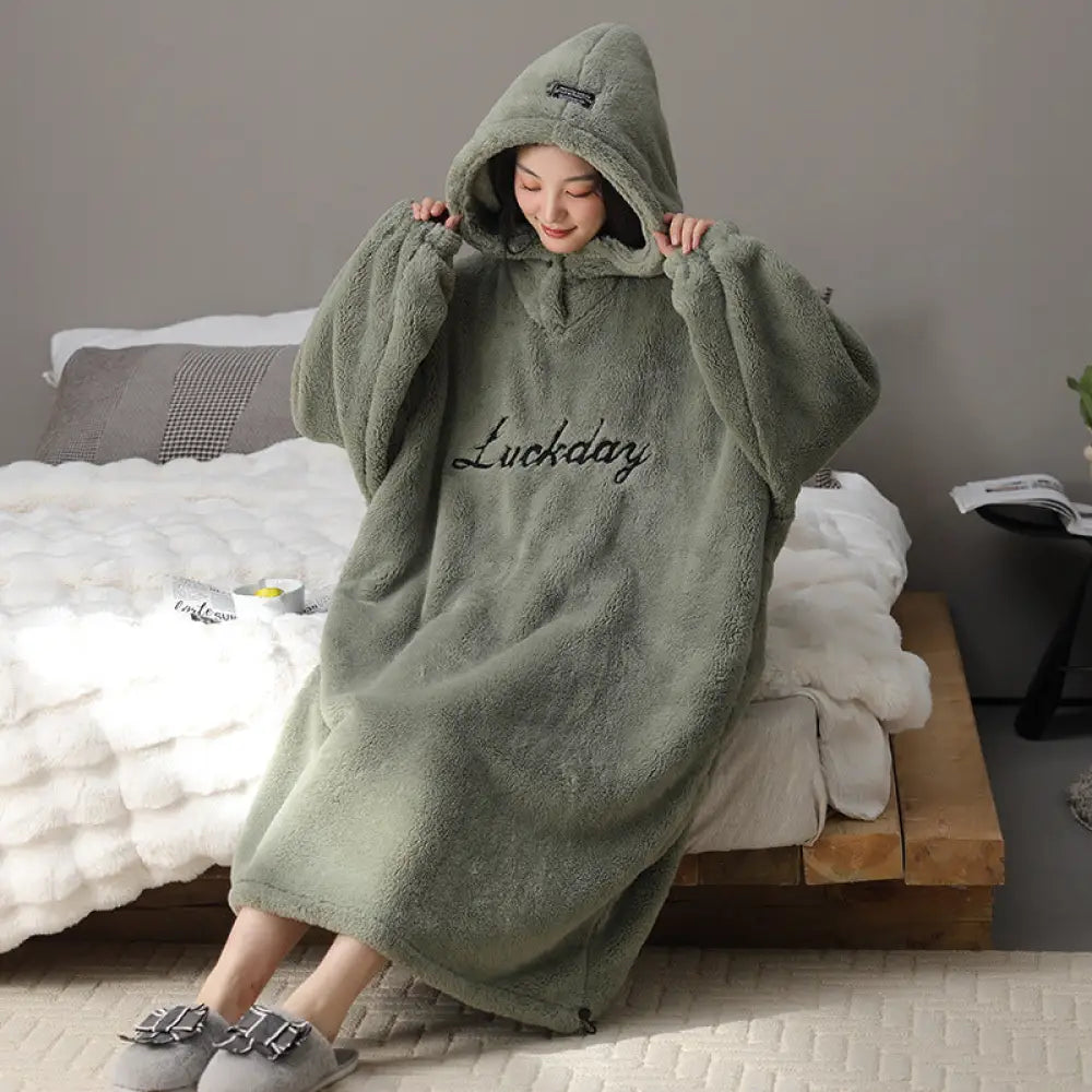 フリースパジャマ 秋冬用 裏起毛 フード付きパジャマ フランネル ガウン ルームウェア かわいい 可愛い 暖かい あったか 長袖 部屋着 クリスマスプレゼント ID3578 グリーン / M レディース＞ワンピース