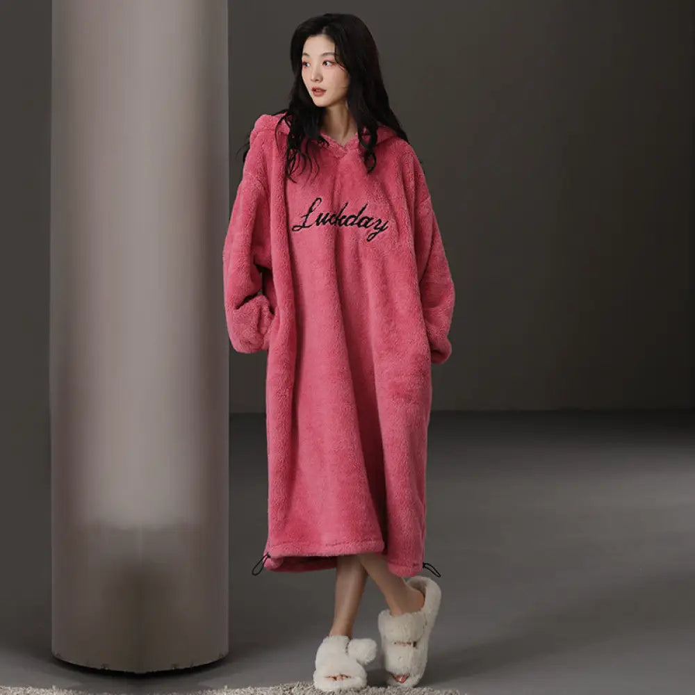 フリースパジャマ 秋冬用 裏起毛 フード付きパジャマ フランネル ガウン ルームウェア かわいい 可愛い 暖かい あったか 長袖 部屋着 クリスマスプレゼント ID3578 ピンク / M レディース＞ワンピース
