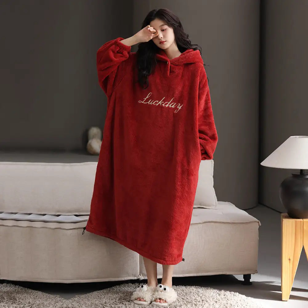 フリースパジャマ 秋冬用 裏起毛 フード付きパジャマ フランネル ガウン ルームウェア かわいい 可愛い 暖かい あったか 長袖 部屋着 クリスマスプレゼント ID3578 レッド / M レディース＞ワンピース