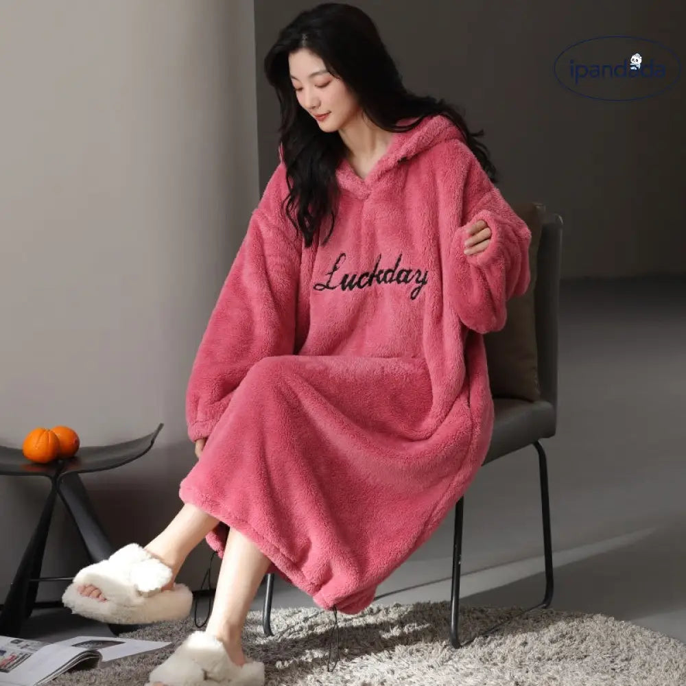 フリースパジャマ 秋冬用 裏起毛 フード付きパジャマ フランネル ガウン ルームウェア かわいい 可愛い 暖かい あったか 長袖 部屋着 クリスマスプレゼント ID3578 レディース＞ワンピース