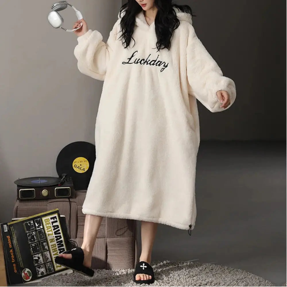 フリースパジャマ 秋冬用 裏起毛 フード付きパジャマ フランネル ガウン ルームウェア かわいい 可愛い 暖かい あったか 長袖 部屋着 クリスマスプレゼント ID3578 レディース＞ワンピース