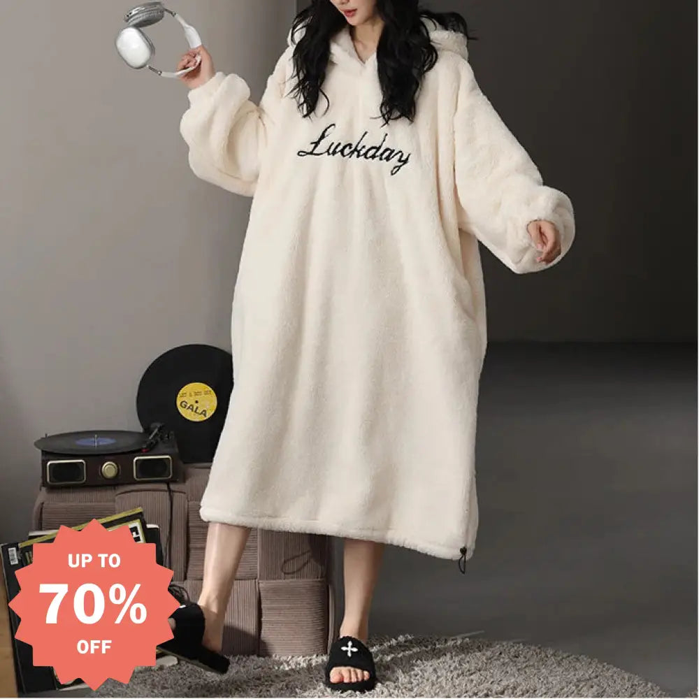 フリースパジャマ 秋冬用 裏起毛 フード付きパジャマ フランネル ガウン ルームウェア かわいい 可愛い 暖かい あったか 長袖 部屋着 クリスマスプレゼント ID3578 レディース＞ワンピース