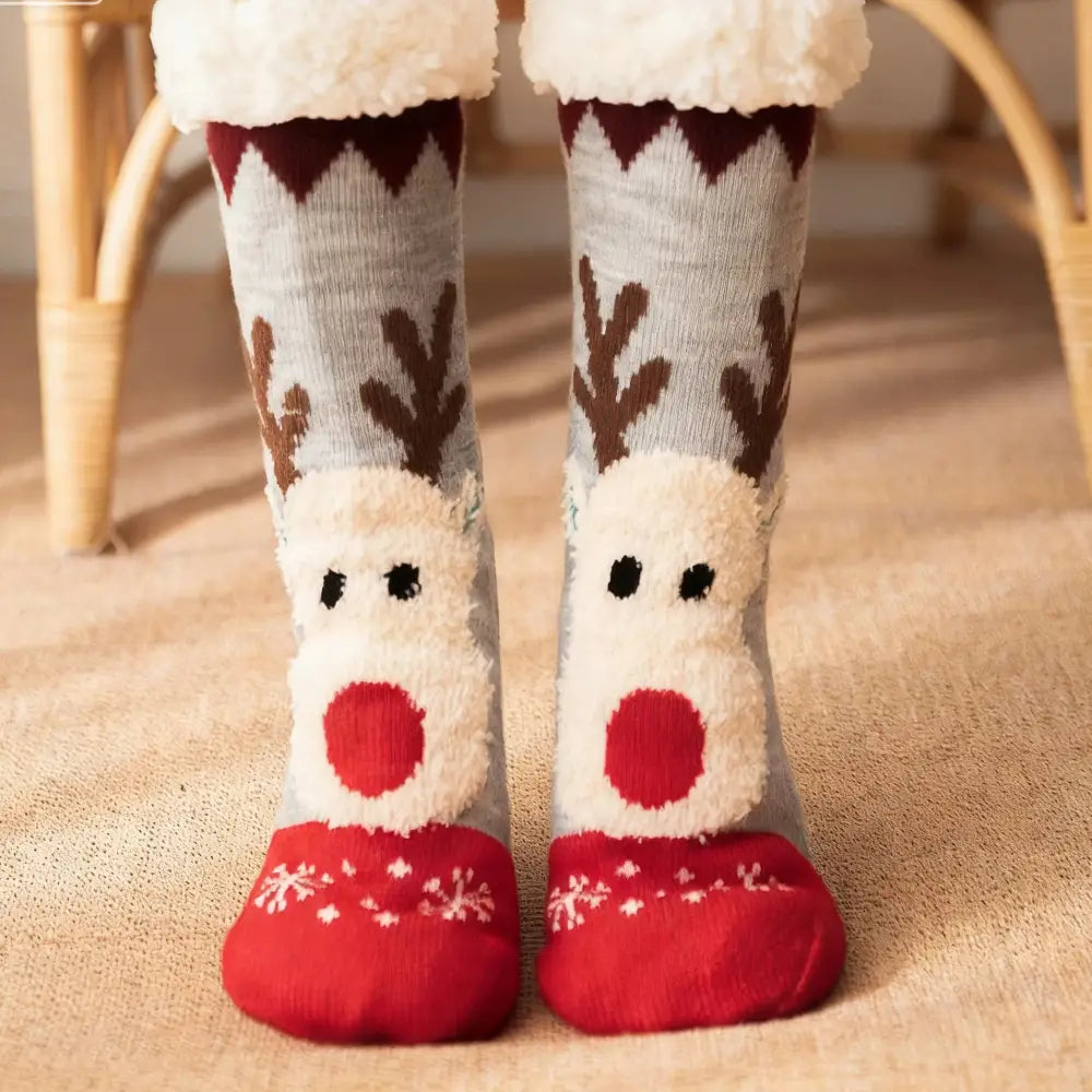 フロアソックス 秋冬 サンタ 靴下 レディース フリース 厚手 保温 ロング ムートン ルームソックス 滑り止め 大人 ギフト ID2961 グレー / フリー