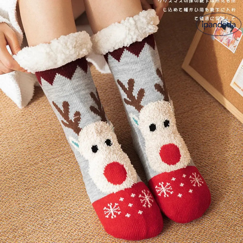 フロアソックス 秋冬 サンタ 靴下 レディース フリース 厚手 保温 ロング ムートン ルームソックス 滑り止め 大人 ギフト ID2961