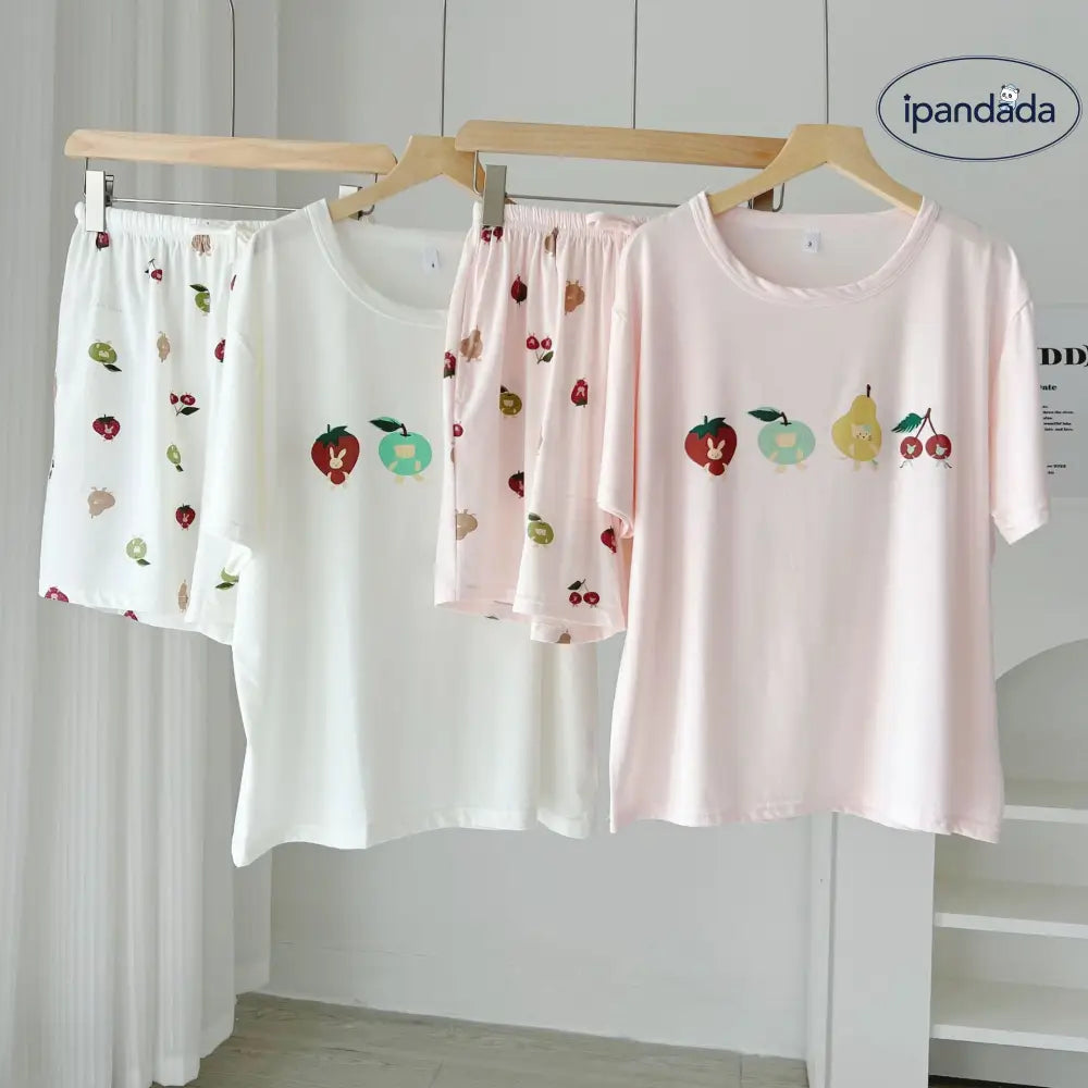 ID1139 フルーツ柄 パジャマセット 春夏用 丸首半袖＆キュロット 薄手 ゆったり おうちコーデ ルームウェア メッシュ セットアップ 部屋着 レディース＞セットアップ