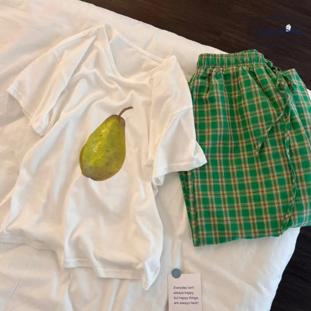 フルーツプリント 半袖 パジャマ 女性用 夏の新作 2025 Tシャツ チェック柄 ロングパンツ ルームウェア セット インスタ風 ID1830