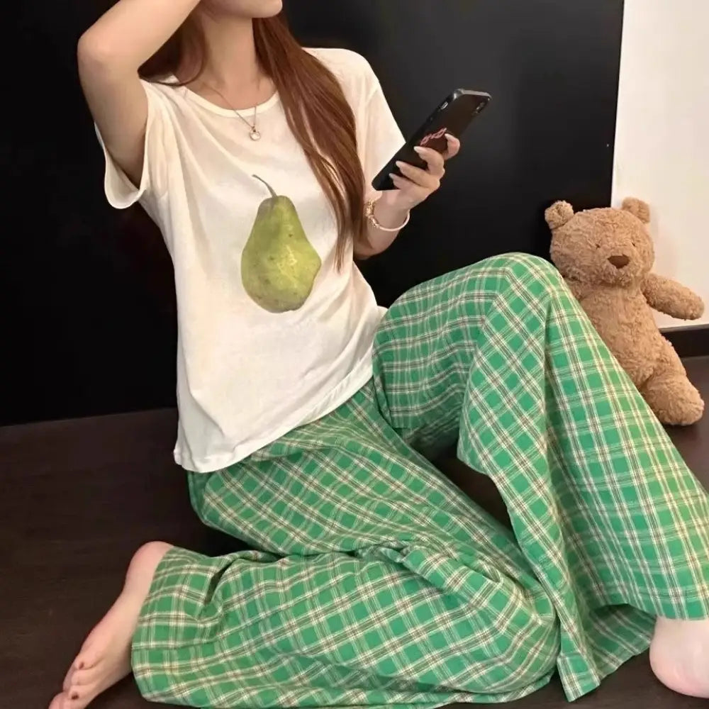 フルーツプリント 半袖 パジャマ 女性用 夏の新作 2025 Tシャツ チェック柄 ロングパンツ ルームウェア セット インスタ風 ID1830