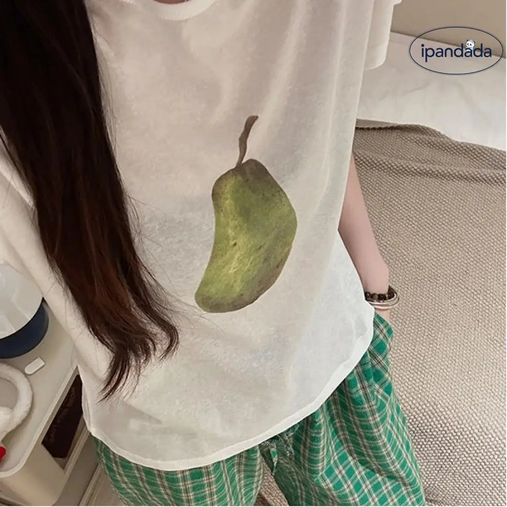 フルーツプリント 半袖 パジャマ 女性用 夏の新作 2025 Tシャツ チェック柄 ロングパンツ ルームウェア セット インスタ風 ID1830