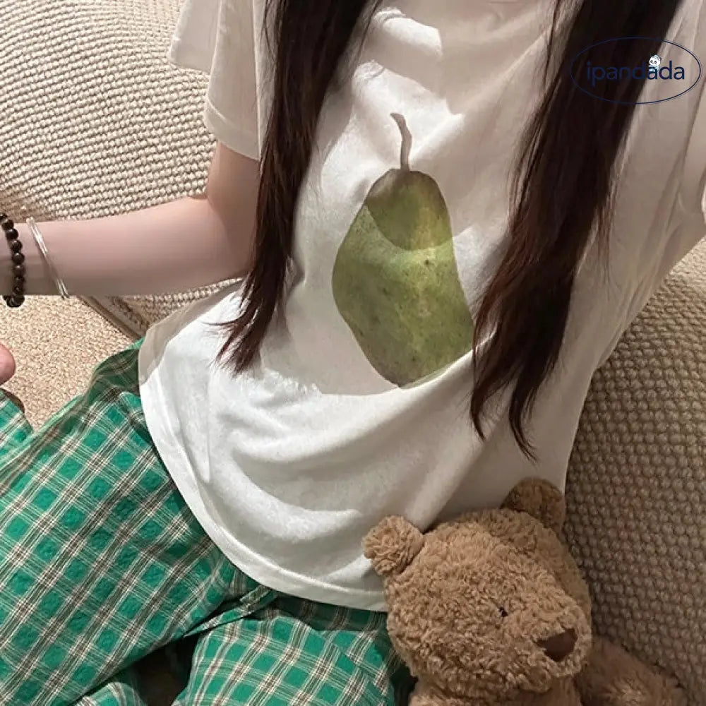 フルーツプリント 半袖 パジャマ 女性用 夏の新作 2025 Tシャツ チェック柄 ロングパンツ ルームウェア セット インスタ風 ID1830