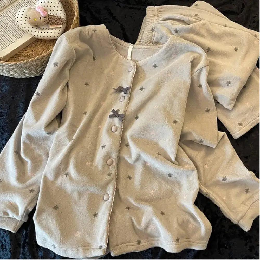 ふわふわ あったか 裏起毛 パジャマ 春 秋 冬 韓国風 新作 厚手 保温 ルームウェアセット 部屋着 2点セット ID4181 写真通り / S