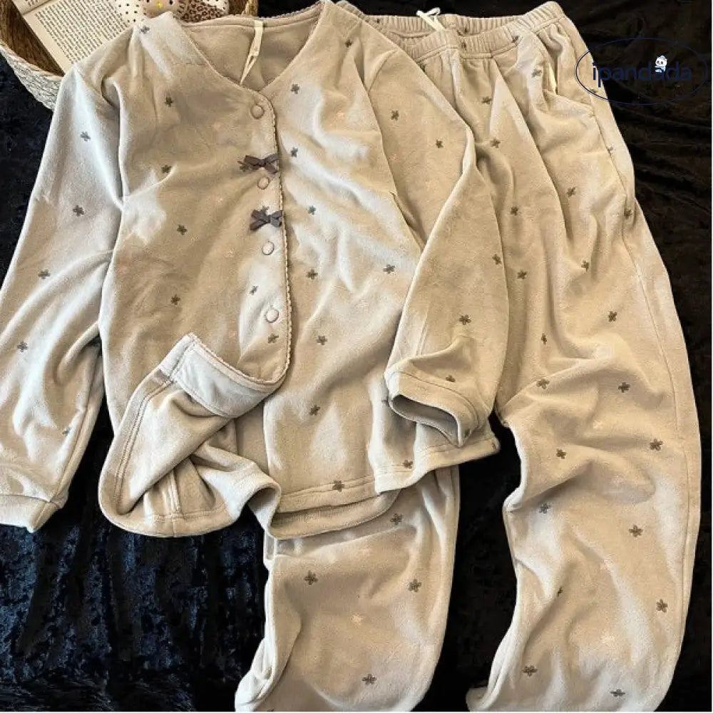 ふわふわ あったか 裏起毛 パジャマ 春 秋 冬 韓国風 新作 厚手 保温 ルームウェアセット 部屋着 2点セット ID4181