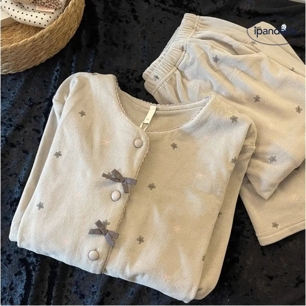 ふわふわ あったか 裏起毛 パジャマ 春 秋 冬 韓国風 新作 厚手 保温 ルームウェアセット 部屋着 2点セット ID4181