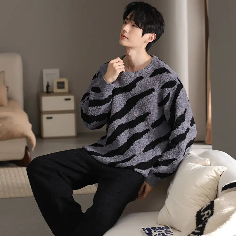 ふわふわ フリース パジャマ メンズ 秋冬 加厚 フリース コーラルフリース ルームウェア ID2995 タイプ② / L