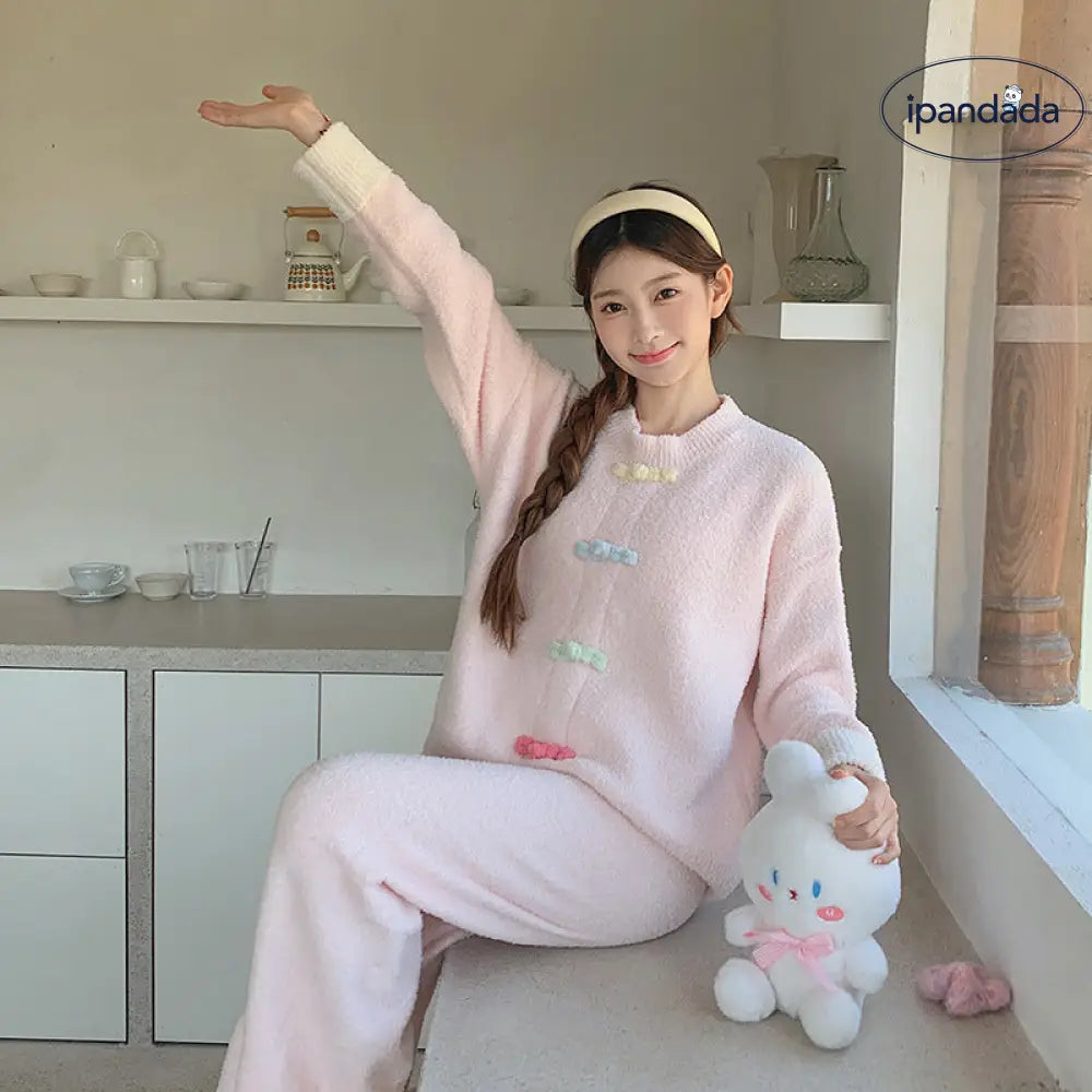 ふわふわ フリース パジャマ 女性用 秋冬 厚手 保温 ルームウェア セットアップ 外出可能 ID2808