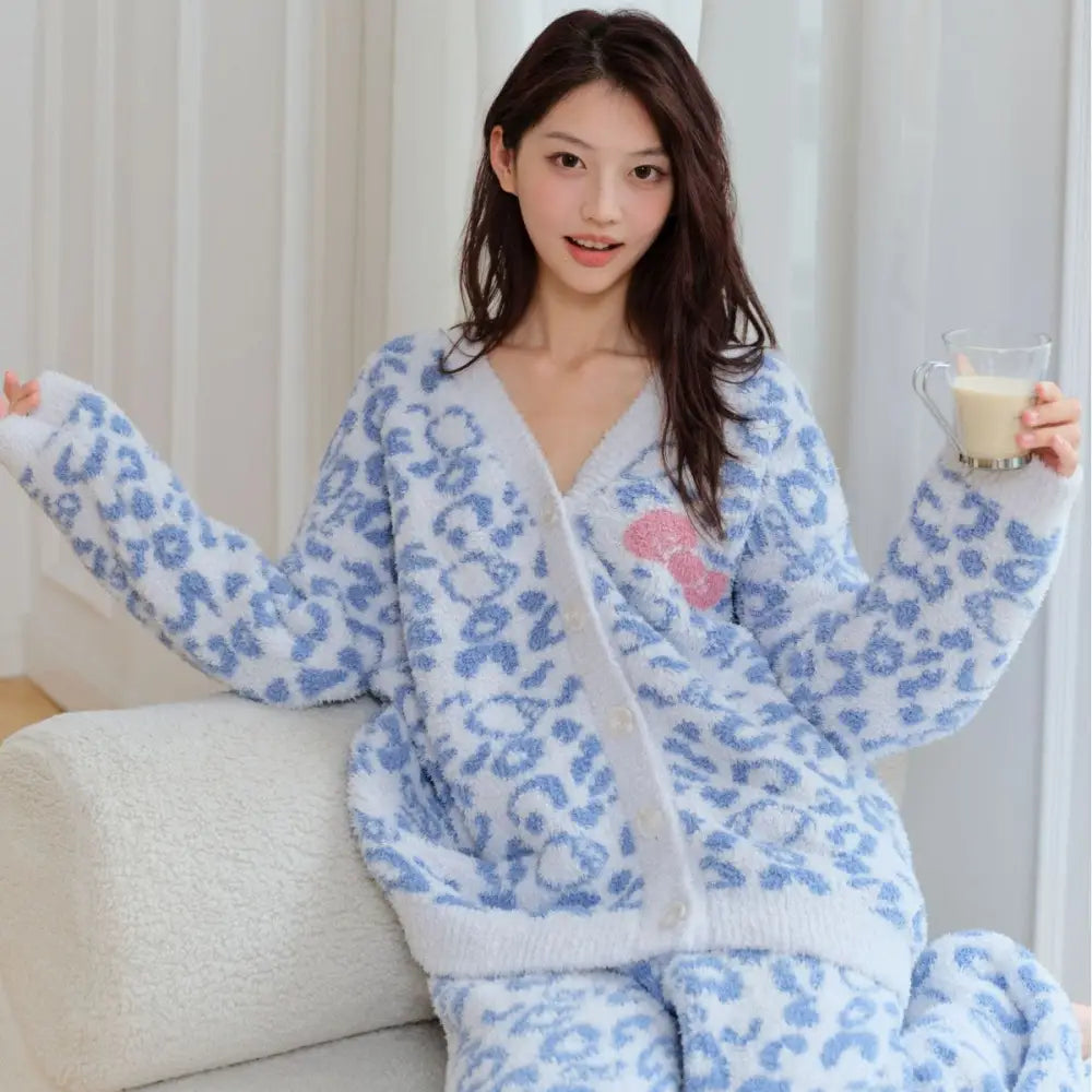 ふわふわ フリース 秋冬 新品 ヒョウ柄 キャット 保温 厚手 カーディガン ストレートパンツ ルームウェア パジャマ セットアップ 女性用 ID2803 ブルー / M