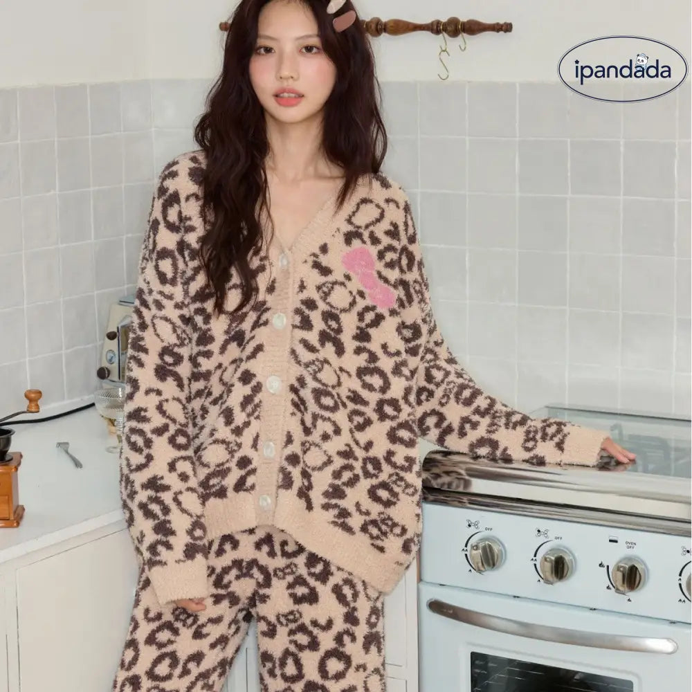 ふわふわ フリース 秋冬 新品 ヒョウ柄 キャット 保温 厚手 カーディガン ストレートパンツ ルームウェア パジャマ セットアップ 女性用 ID2803
