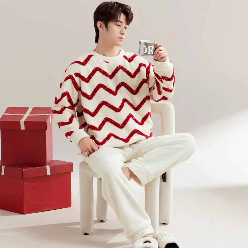 フリース 冬用 パジャマ レディース 厚手 保温 カップル用 コーラルフリース 長袖 秋冬 部屋着 セット ID2538 ベージュ / メンズL