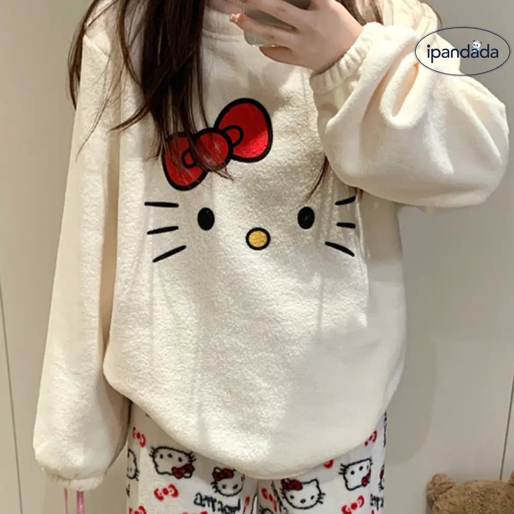 パジャマ レディース 秋冬 珊瑚フリース 厚手 フリース裏起毛 セットアップ かわいい キャラクター ハローキティ ビーズファー ホームウェア 暖かい 柔らかい 保温 快適 おしゃれ ルームウェア 自宅用 リラックス 着心地 ナチュラル ゆったり ID2656
