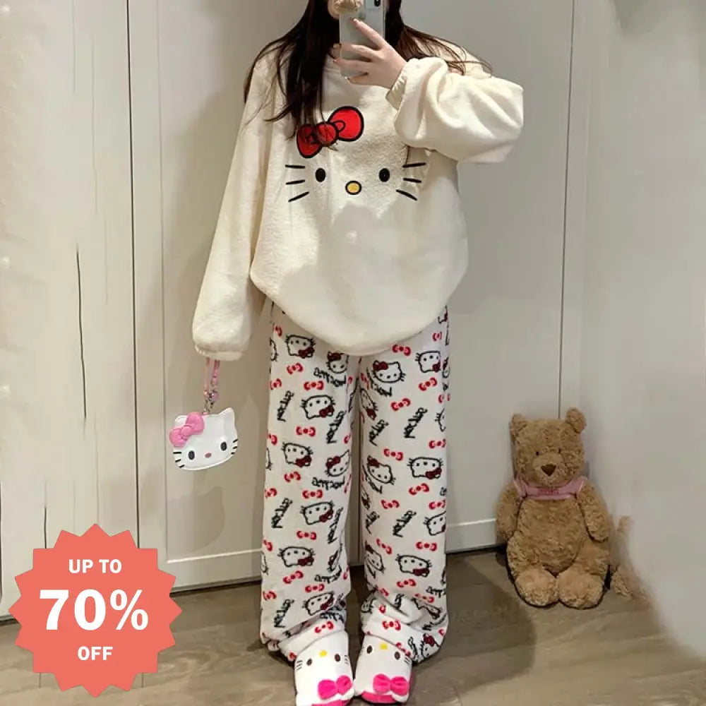 パジャマ レディース 秋冬 珊瑚フリース 厚手 フリース裏起毛 セットアップ かわいい キャラクター ハローキティ ビーズファー ホームウェア 暖かい 柔らかい 保温 快適 おしゃれ ルームウェア 自宅用 リラックス 着心地 ナチュラル ゆったり ID2656