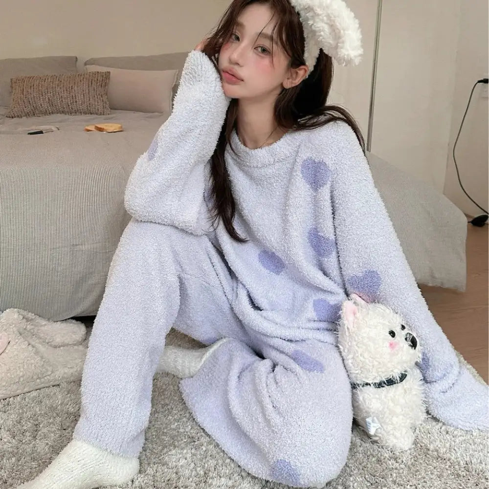 ふわふわ ハート柄 ゆったり 毛布のような レディース パジャマ ルームウェア セット 可愛い 保温 リラックス ID3051 パープル / フリー