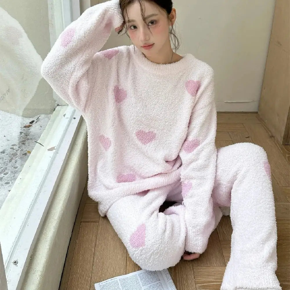 ふわふわ ハート柄 ゆったり 毛布のような レディース パジャマ ルームウェア セット 可愛い 保温 リラックス ID3051 ピンク / フリー