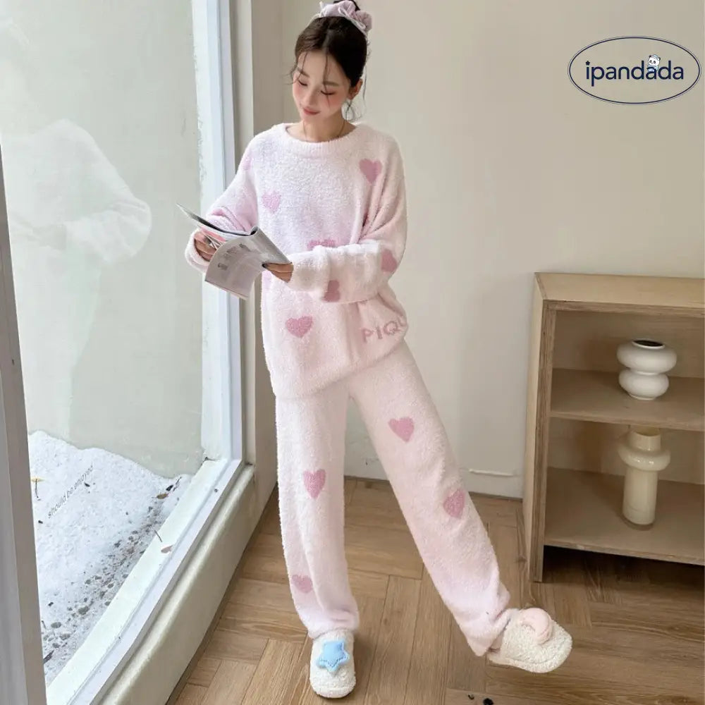 ふわふわ ハート柄 ゆったり 毛布のような レディース パジャマ ルームウェア セット 可愛い 保温 リラックス ID3051