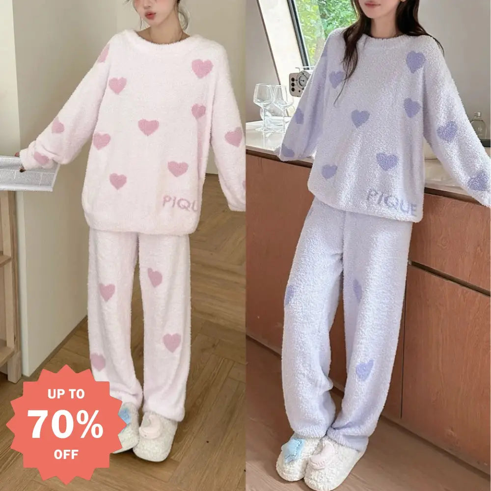 ふわふわ ハート柄 ゆったり 毛布のような レディース パジャマ ルームウェア セット 可愛い 保温 リラックス ID3051
