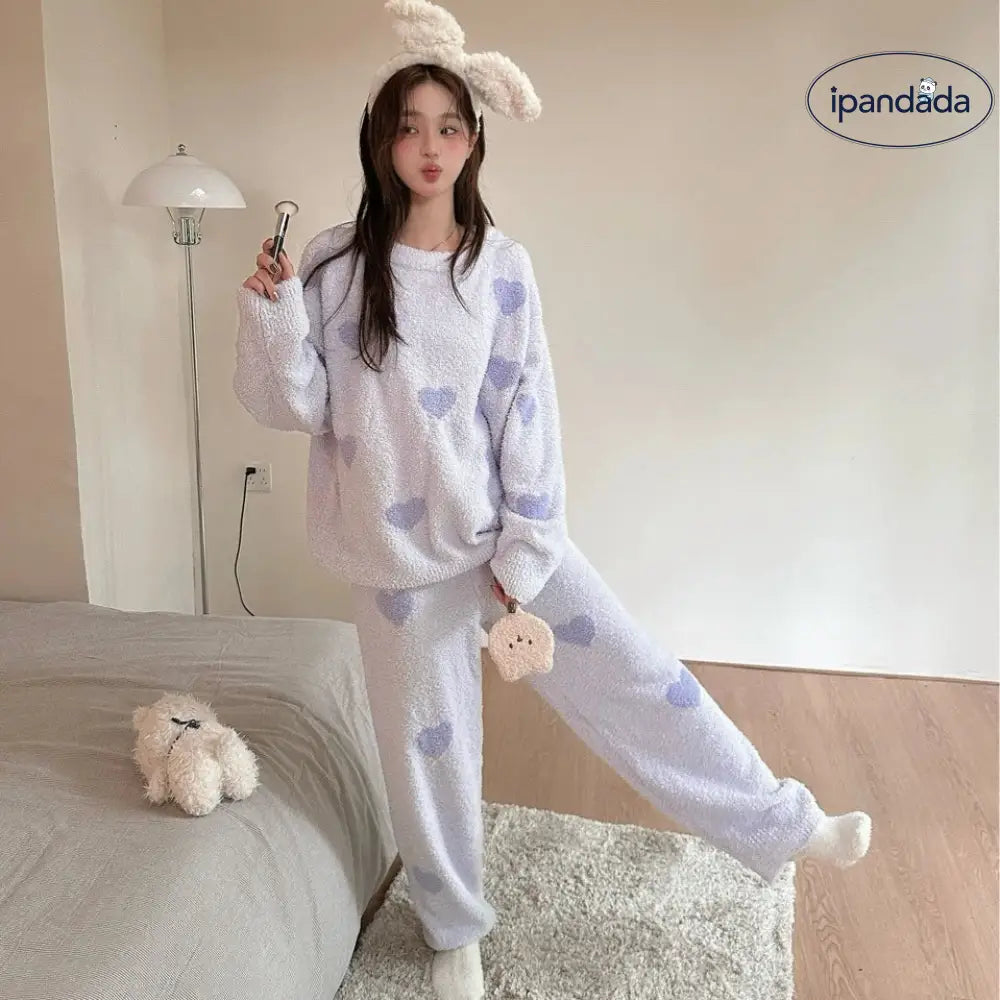 ふわふわ ハート柄 ゆったり 毛布のような レディース パジャマ ルームウェア セット 可愛い 保温 リラックス ID3051