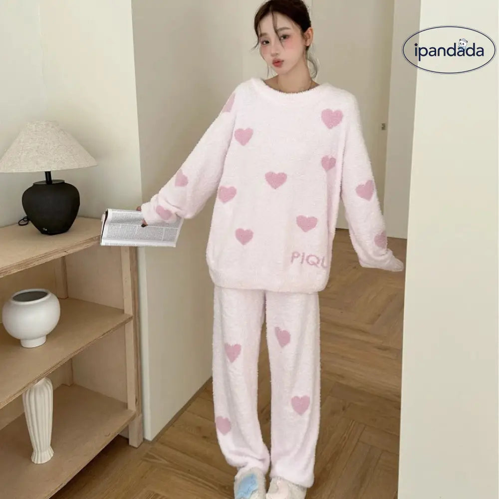 ふわふわ ハート柄 ゆったり 毛布のような レディース パジャマ ルームウェア セット 可愛い 保温 リラックス ID3051