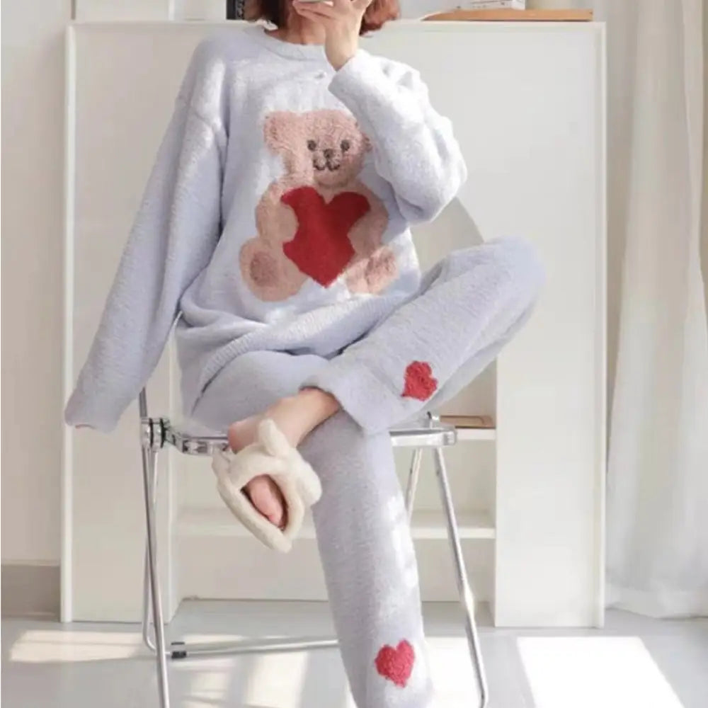 ふわふわ ハート 小熊 ふわっと パジャマ レディース 秋冬 加厚 甘い 可愛い サンゴフリース ルームウェア ジャパンスタイル ID2756 ブルー / M