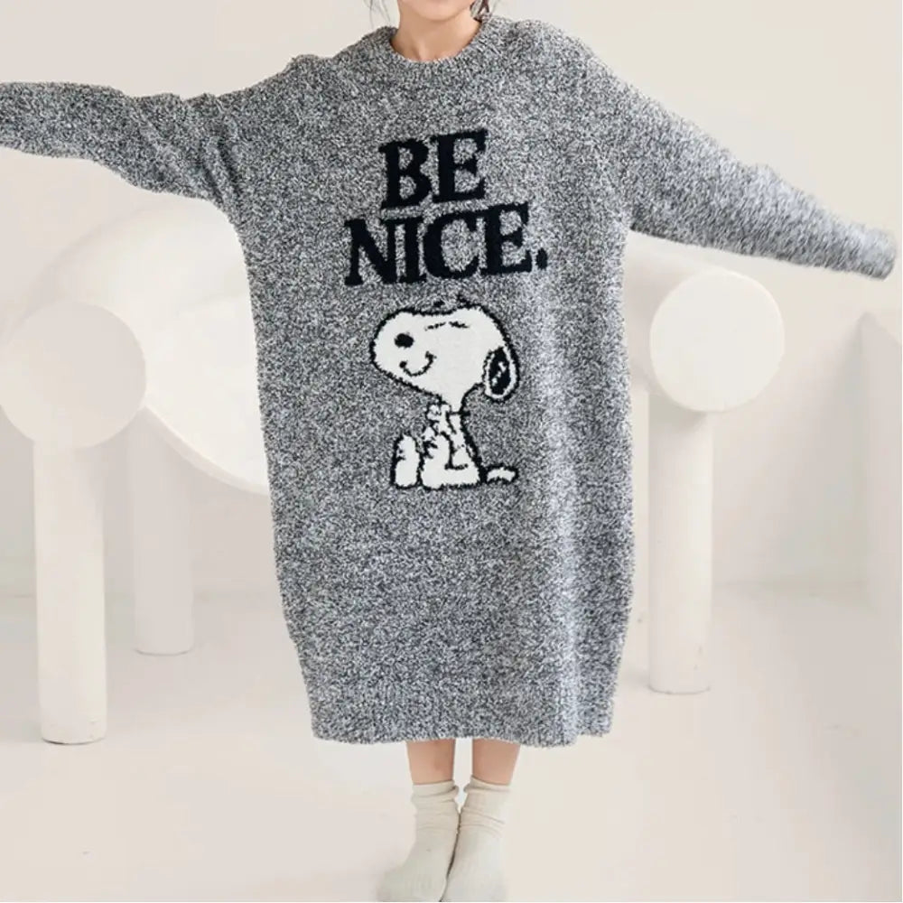 ふわふわ キッズ ルームウェア 長袖 スヌーピー 柄 冬用 あったか ワンピース パジャマ 女の子 着る毛布 可愛い 部屋着 保温 ゆったり シンプル 快適 ルームワンピース ナイトウェア ID3409 グレー / 120