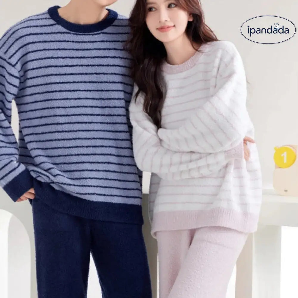 ふわふわ モコモコ カップル ルームウェア セット 秋冬 ストライプ あったか ゆったり お揃い パジャマ 2点セット 部屋着 ID4106