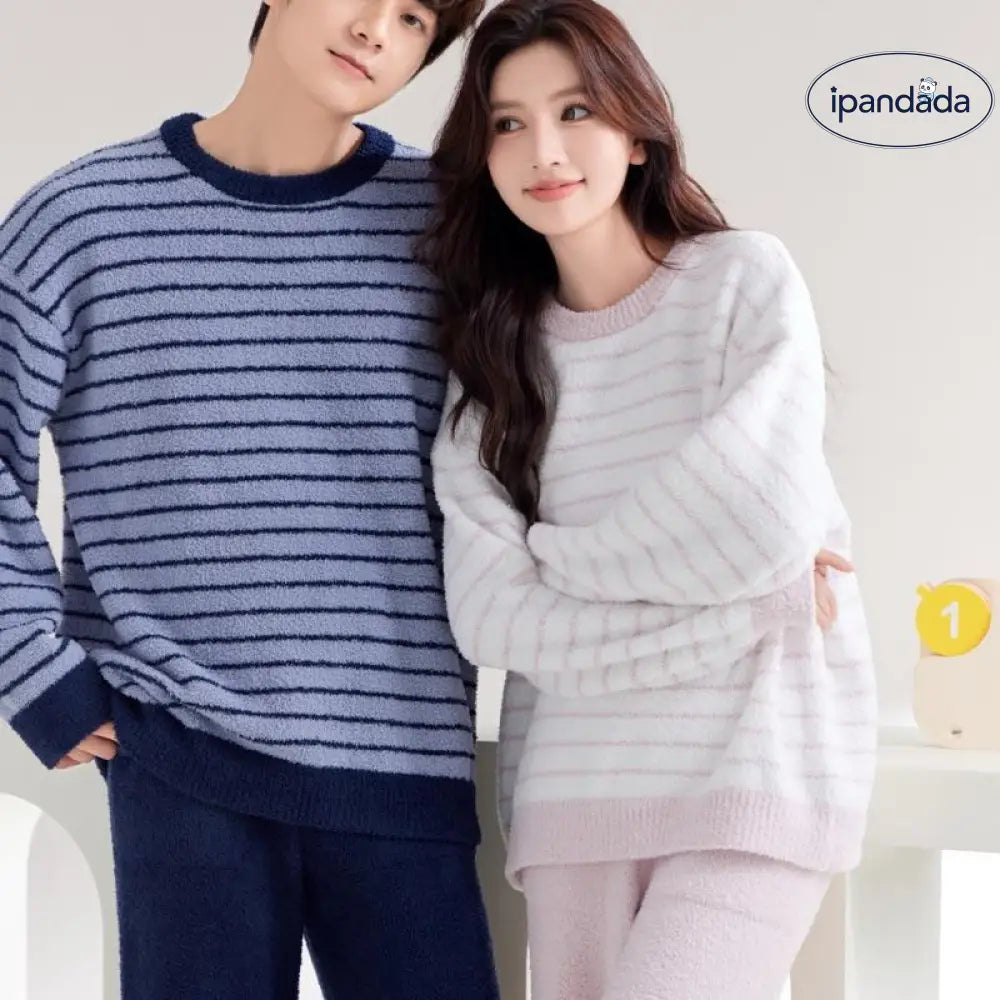 ふわふわ モコモコ カップル ルームウェア セット 秋冬 ストライプ あったか ゆったり お揃い パジャマ 2点セット 部屋着 ID4106