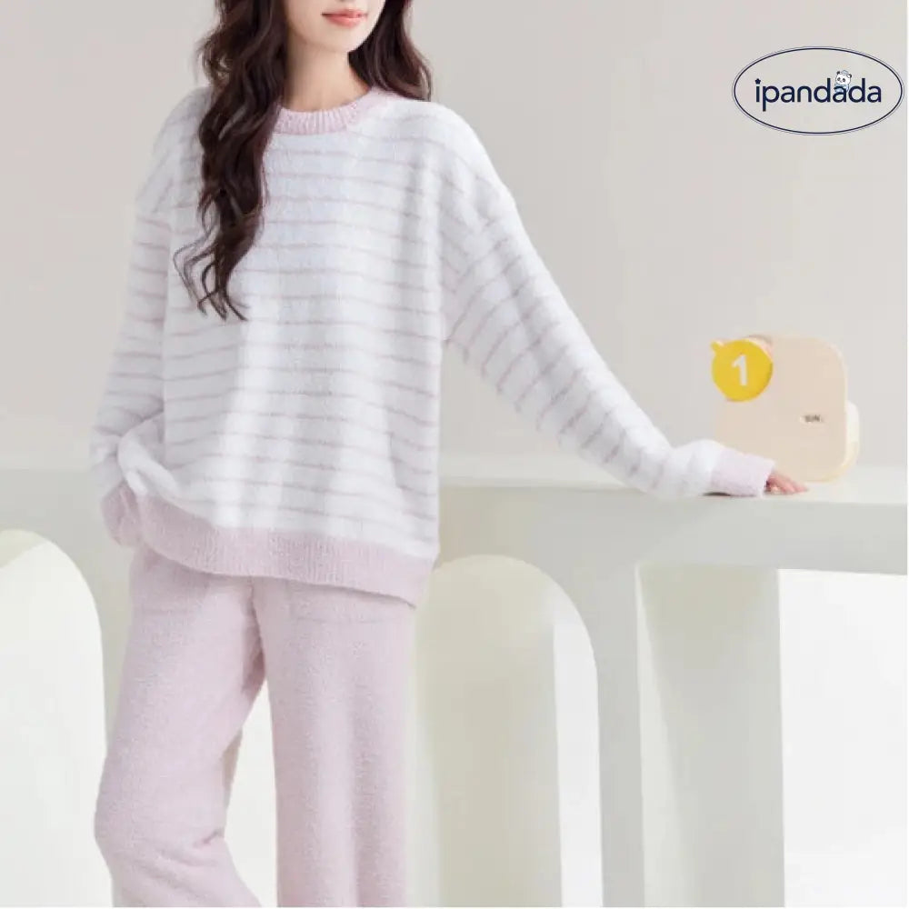 ふわふわ モコモコ カップル ルームウェア セット 秋冬 ストライプ あったか ゆったり お揃い パジャマ 2点セット 部屋着 ID4106