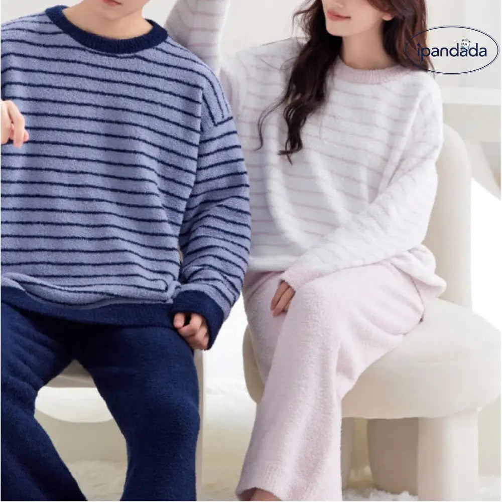 ふわふわ モコモコ カップル ルームウェア セット 秋冬 ストライプ あったか ゆったり お揃い パジャマ 2点セット 部屋着 ID4106