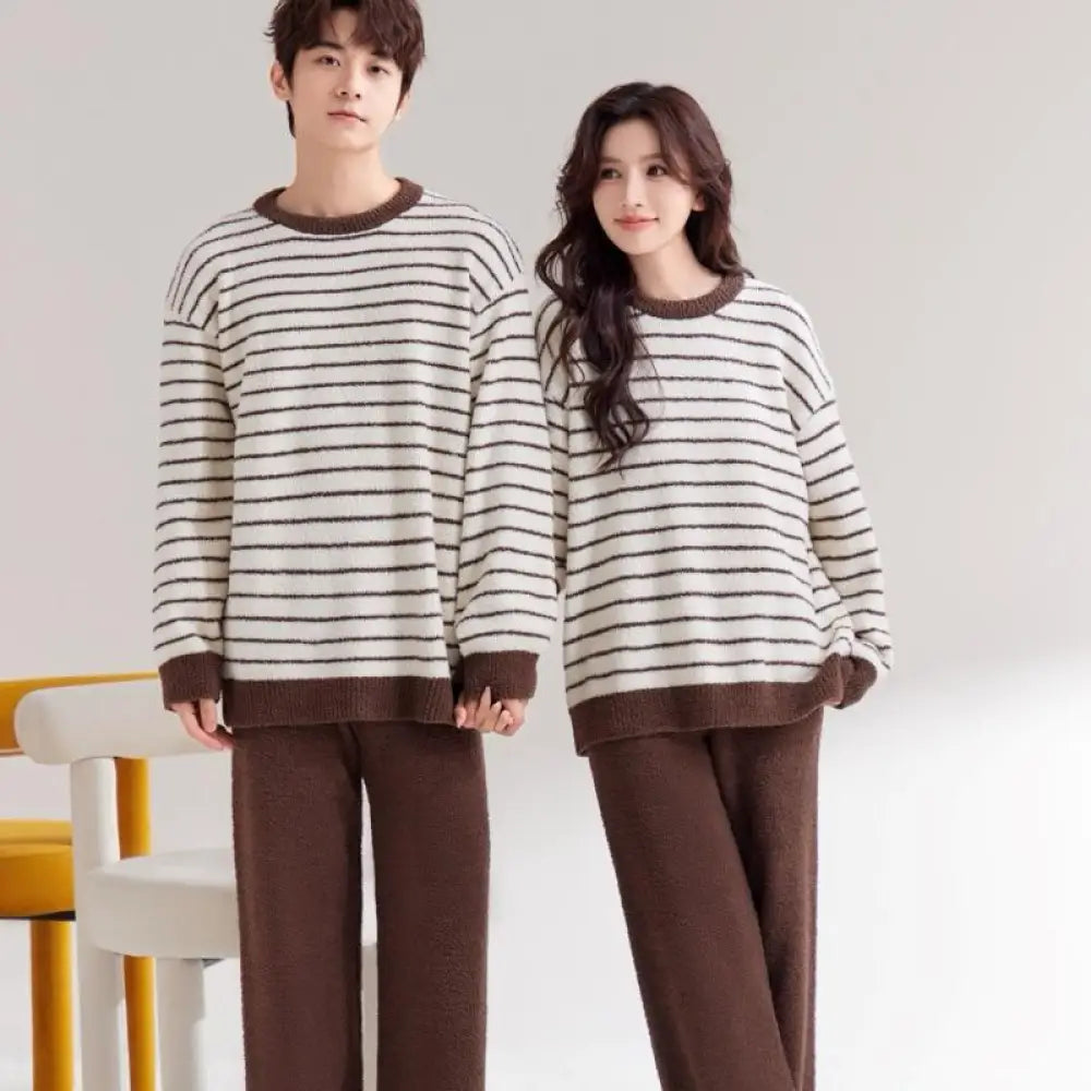 ふわふわ モコモコ カップル ルームウェア セット 秋冬 ストライプ あったか ゆったり お揃い パジャマ 2点セット 部屋着 ID4106 男性 ブラウン / フリー