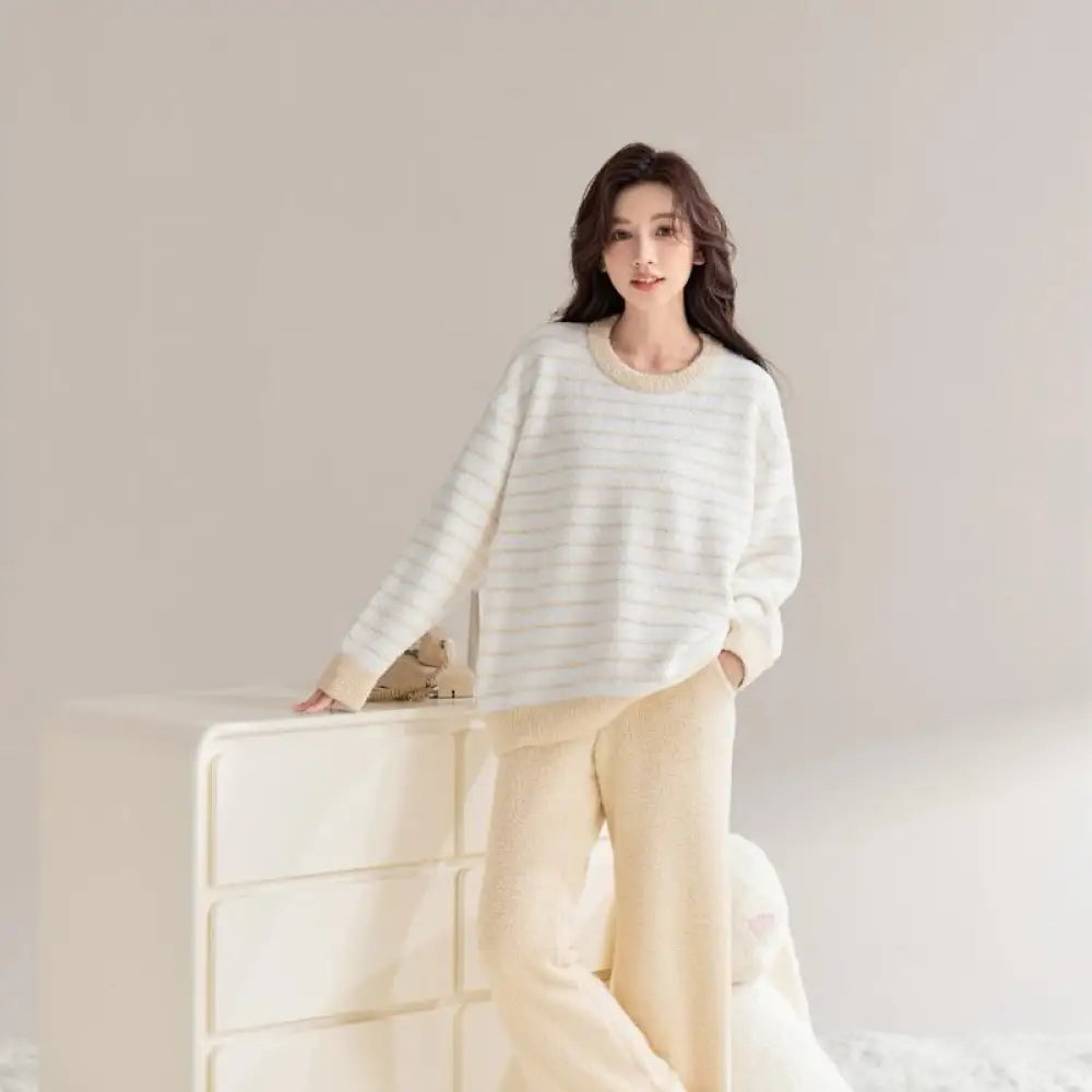 ふわふわ モコモコ カップル ルームウェア セット 秋冬 ストライプ あったか ゆったり お揃い パジャマ 2点セット 部屋着 ID4106 女性 イエロー / フリー