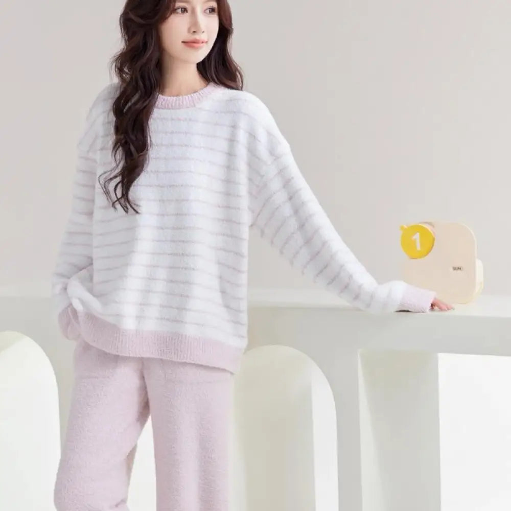 ふわふわ モコモコ カップル ルームウェア セット 秋冬 ストライプ あったか ゆったり お揃い パジャマ 2点セット 部屋着 ID4106 女性 ピンク / フリー