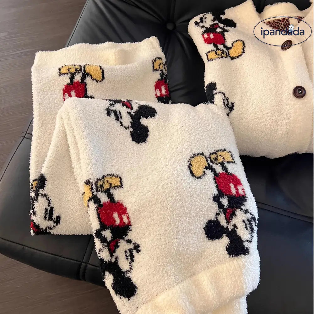 かわいい カートゥーン ミッキー ニット ハーフ フリース パジャマ レディース 秋冬 新作 保温 厚手 ルームウェア 外出可能 セット ID2905