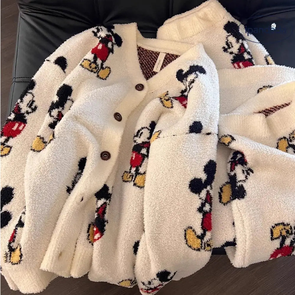 かわいい カートゥーン ミッキー ニット ハーフ フリース パジャマ レディース 秋冬 新作 保温 厚手 ルームウェア 外出可能 セット ID2905