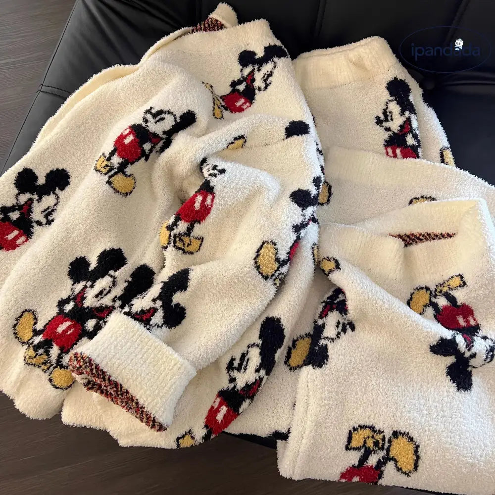 かわいい カートゥーン ミッキー ニット ハーフ フリース パジャマ レディース 秋冬 新作 保温 厚手 ルームウェア 外出可能 セット ID2905