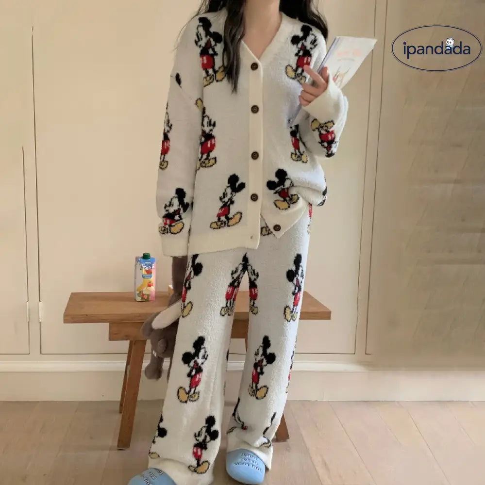 かわいい カートゥーン ミッキー ニット ハーフ フリース パジャマ レディース 秋冬 新作 保温 厚手 ルームウェア 外出可能 セット ID2905 レディース＞セットアップ