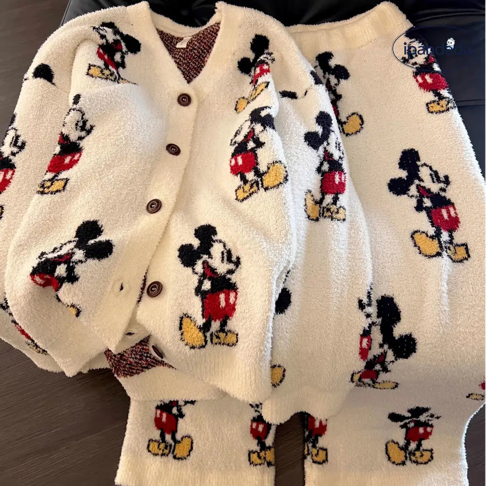 かわいい カートゥーン ミッキー ニット ハーフ フリース パジャマ レディース 秋冬 新作 保温 厚手 ルームウェア 外出可能 セット ID2905